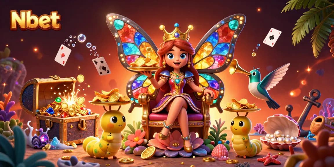 Nbet showcases a whimsical casino scene featuring a butterfly queen and vibrant game elements.