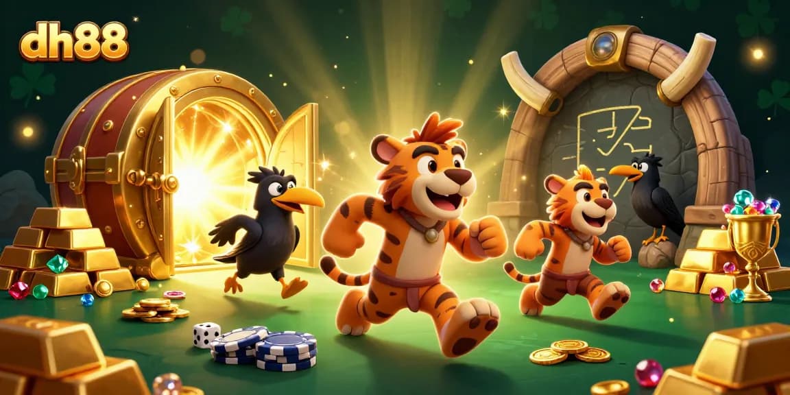 dh88 captivates players with a dynamic prehistoric casino scene featuring treasure and vibrant game elements