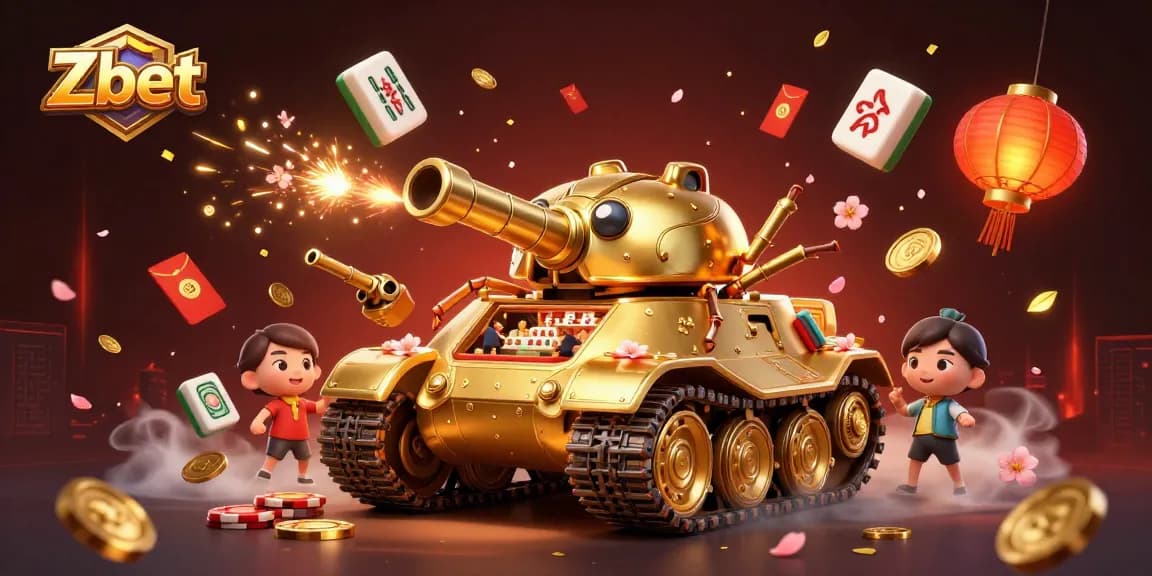 Zbet showcases a 3D cartoon casino inside a golden beetle tank, celebrating gambling fun.