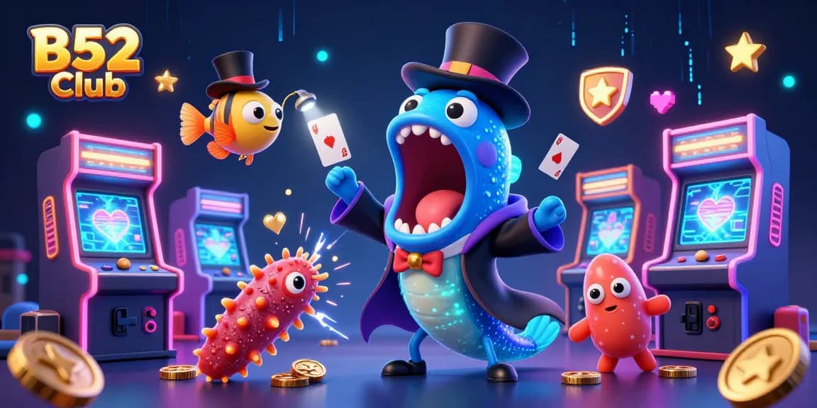 B52 Club showcases a magical scene with cartoon characters performing tricks amidst vibrant casino elements.
