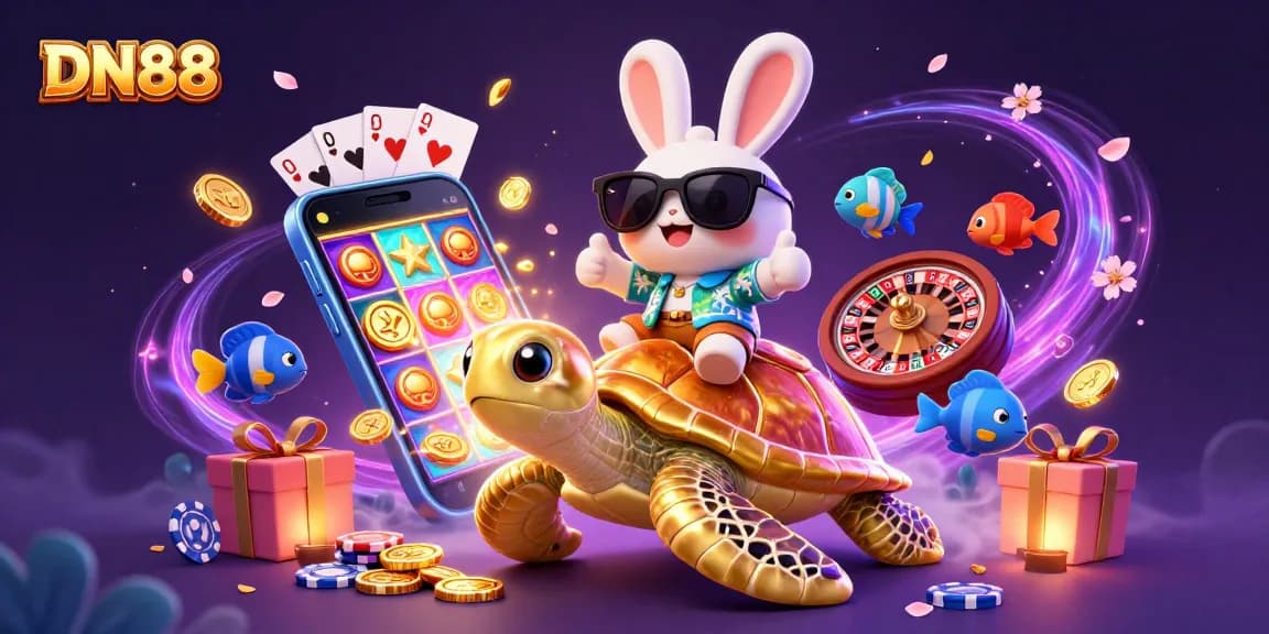Experience DN88's thrill as the lucky rabbit and golden sea turtle celebrate big wins at the casino.