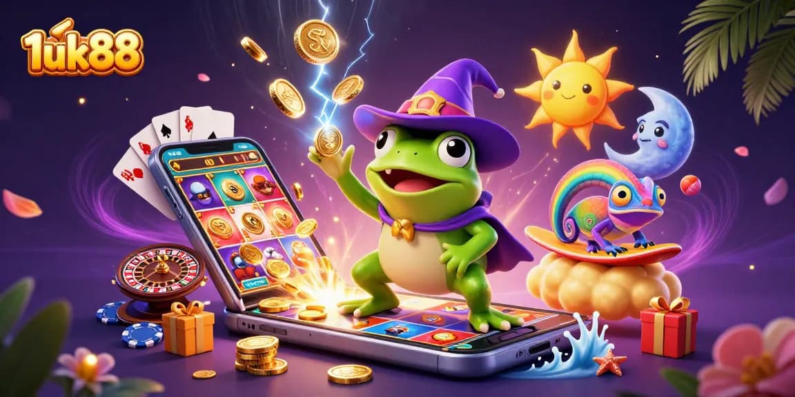 Experience thrilling wins with 1uk88 in this vibrant 3D casino scene full of excitement and luck.