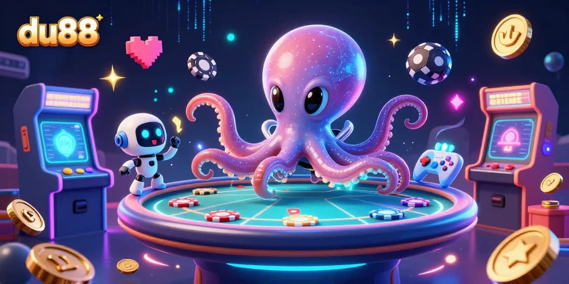 Play poker with 3D cartoon alien octopus and robot, featuring du88 and dynamic casino elements.