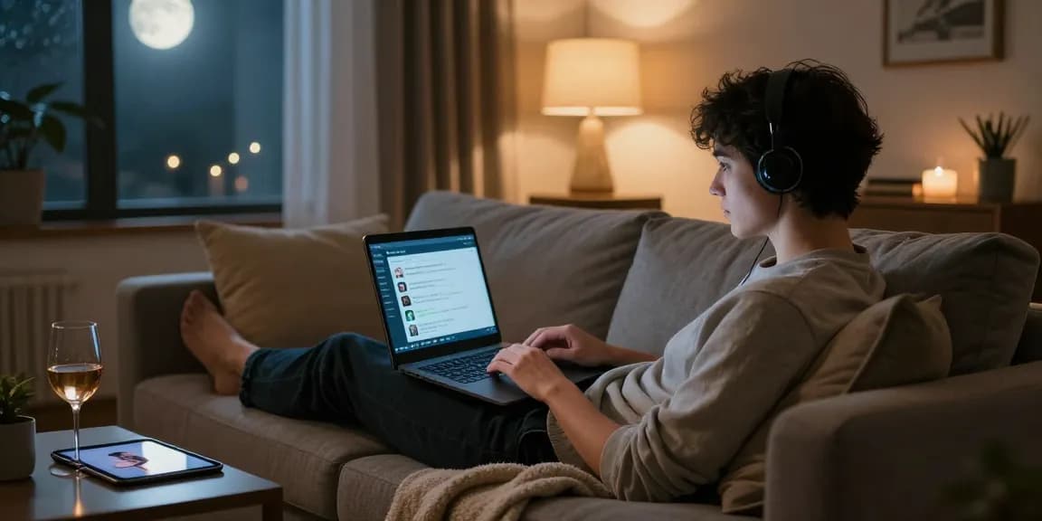 Engaging in nsfw ai chat on a cozy sofa with ambient lighting and intimate decor.