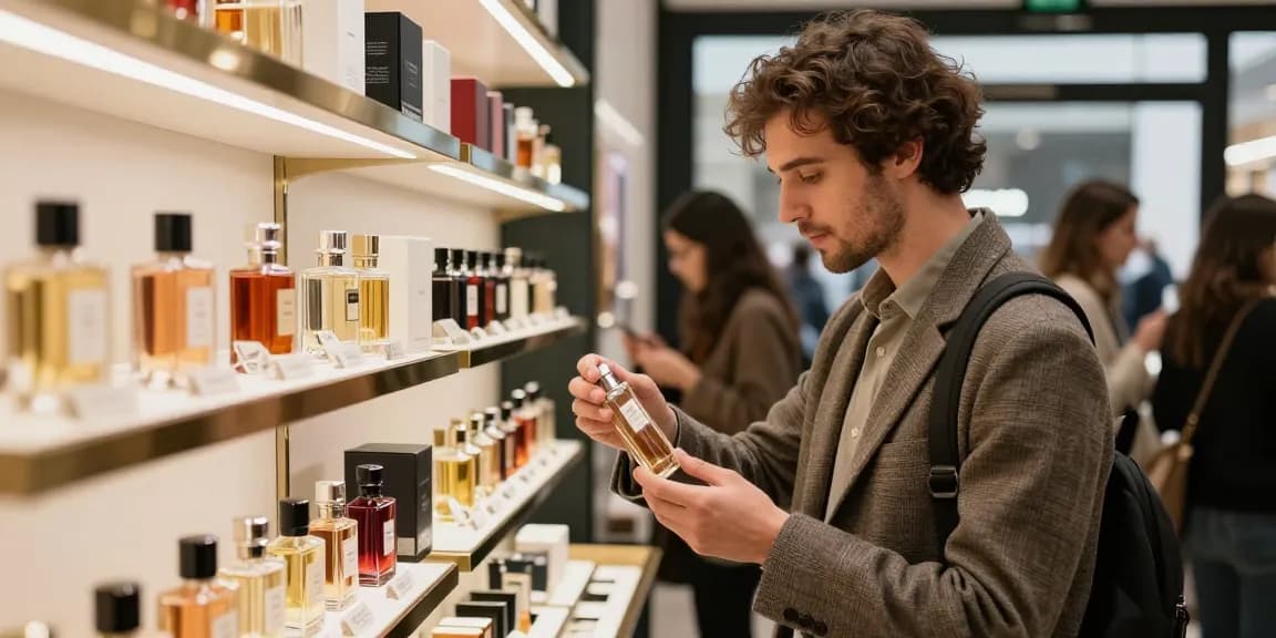 Stylish man choosing Top Fragrances for Men in a chic boutique atmosphere.