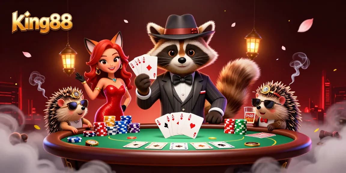 king88 roars with excitement as the cartoon raccoon and friends engage at a vibrant poker table.
