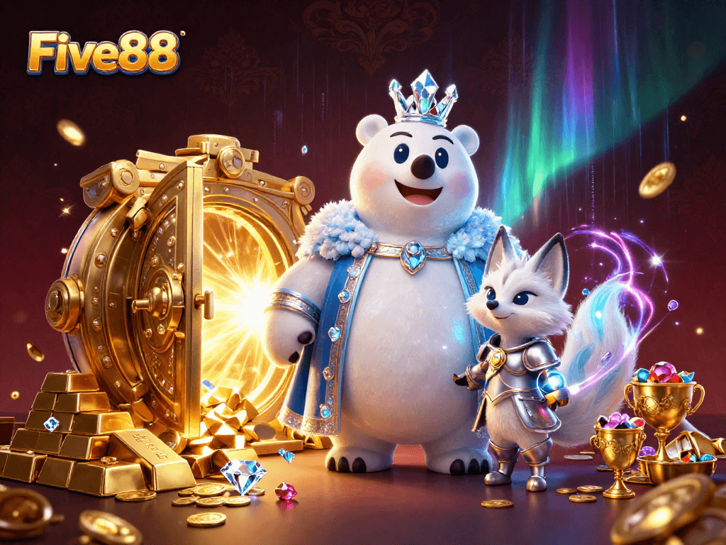 Experience Five88's thrilling ambiance with a 3D ice king and snow fox amidst treasures and casino elements.