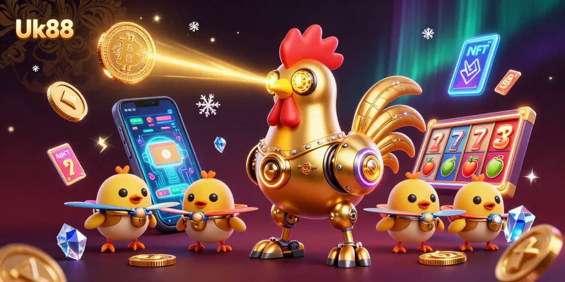 Win big with Uk88's immersive slots featuring a golden rooster robot and crypto elements!