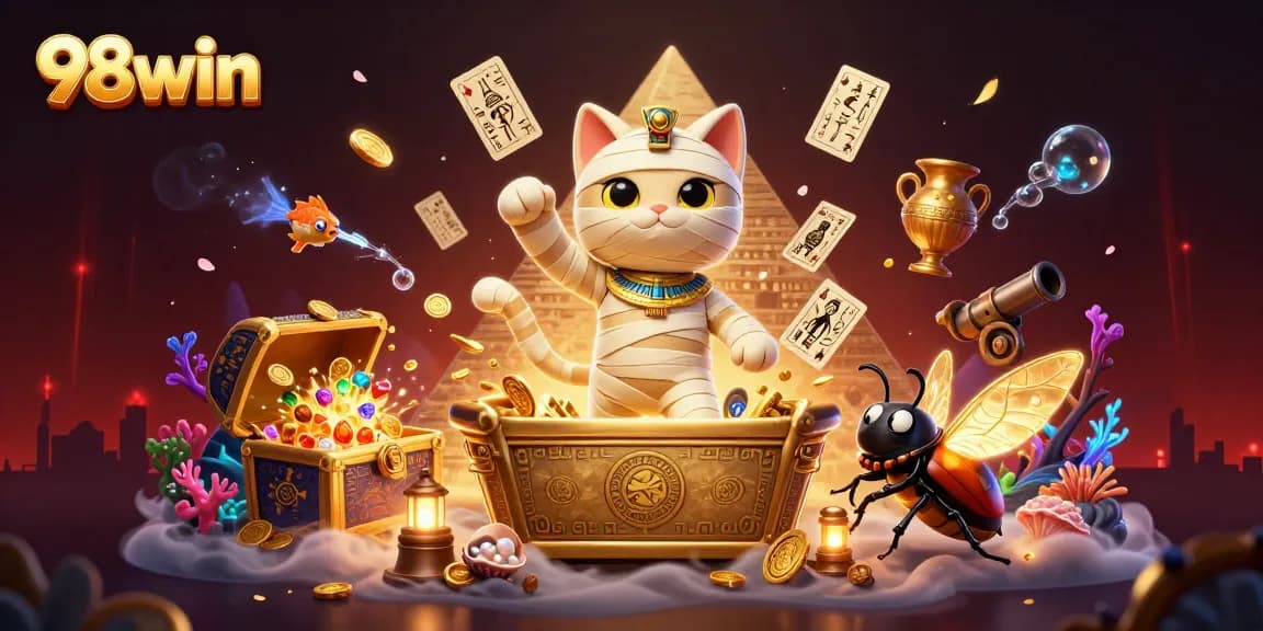 Win big with 98win in a vibrant, thrilling casino scene featuring unique characters and treasures.