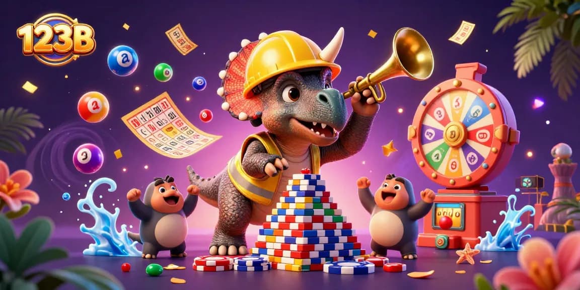 Join the fun at 123B with cute dinosaur characters celebrating a poker-themed moment!