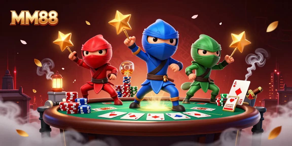 Engage with MM88 through vibrant poker action featuring chameleons in martial arts poses amid chips and cards