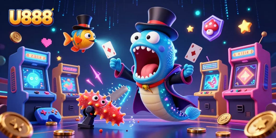 Experience thrilling moments with U888's vibrant casino games featuring a magician eel, anglerfish, and sea cucumber in action.