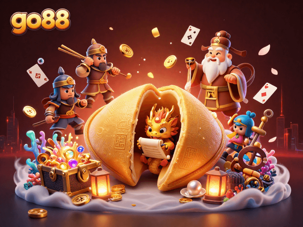 Experience the thrill of go88 with a dynamic casino-themed illustration showcasing fortune, luck, and adventure.