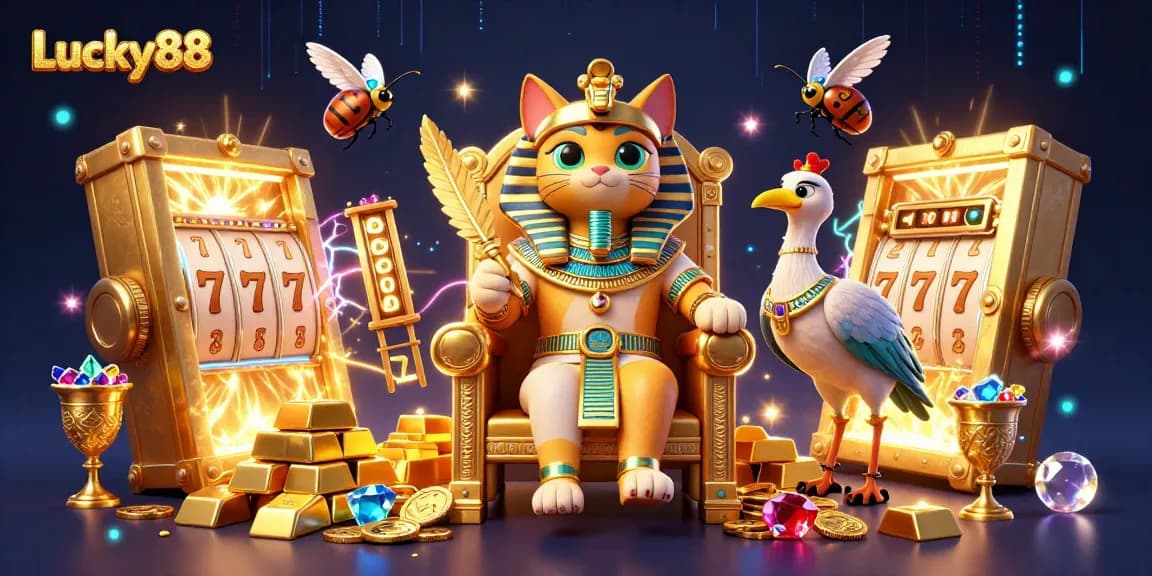 Experience the thrills of Lucky88 with a vibrant 3D casino scene featuring Egyptian motifs and slot elements.