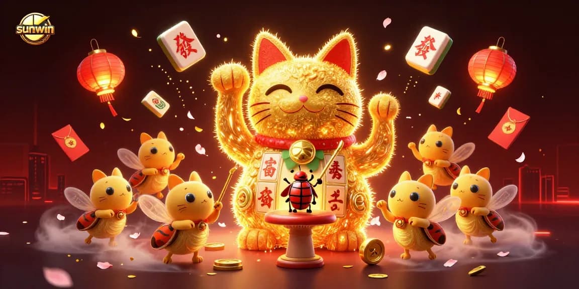 Experience sunwin's vibrant 3D casino scene with a golden lucky cat, fireworks, and mahjong tiles.