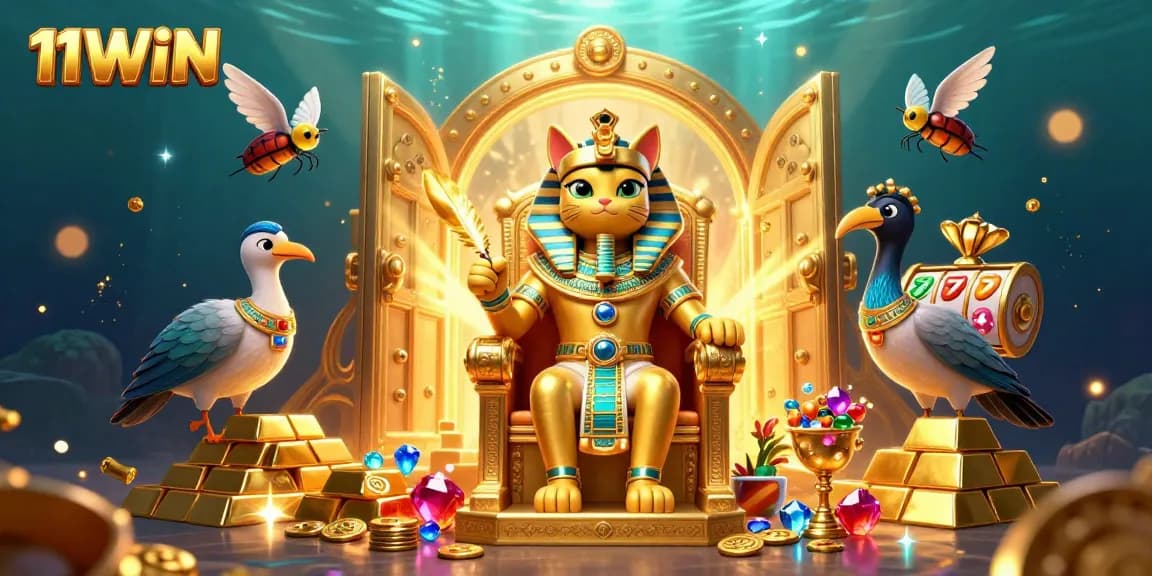Experience thrilling slots with 11WIN featuring a vibrant Egyptian-themed scene.