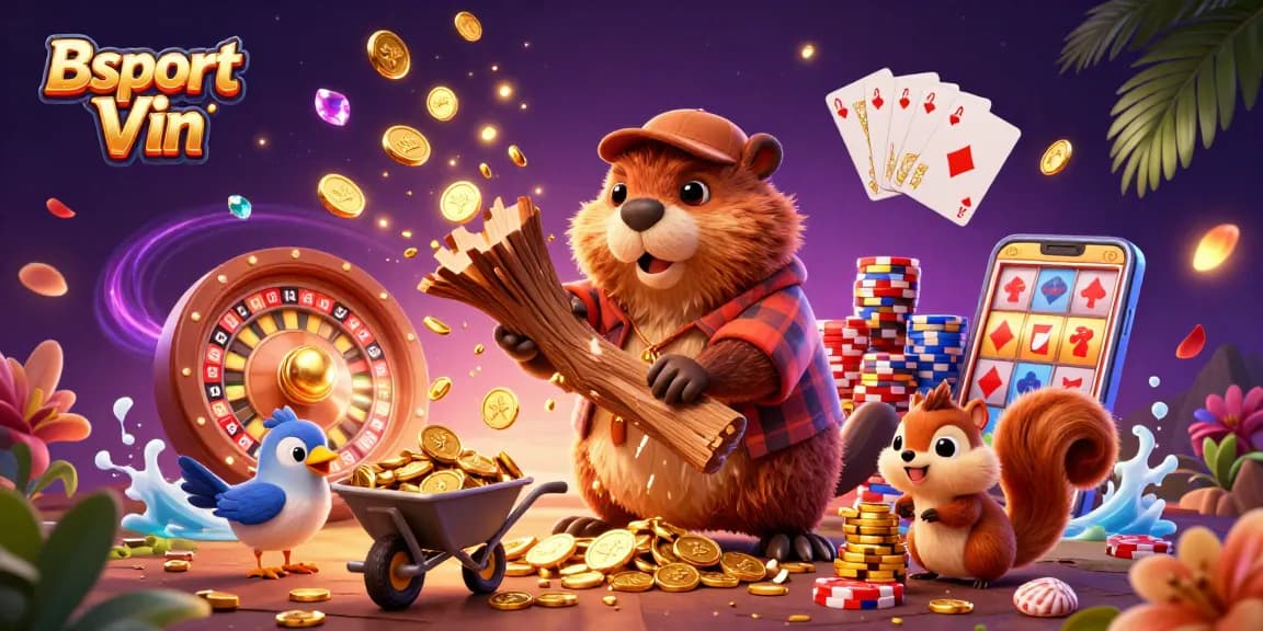 Bet on Bsport Vin with playful characters collecting winnings amidst vibrant casino elements.