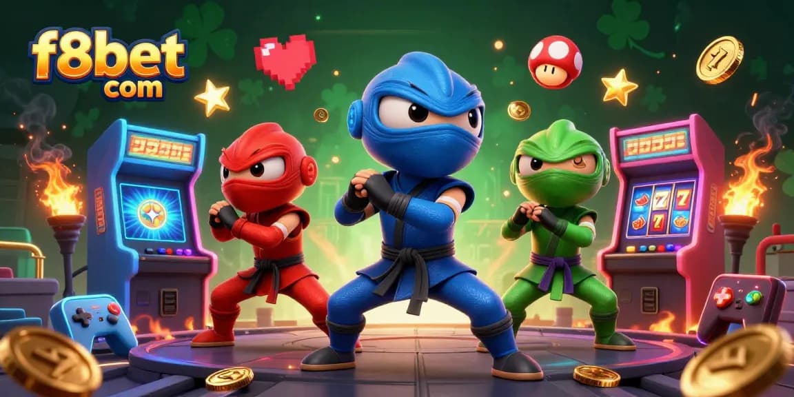 Experience dynamic gaming action with f8bet com's vibrant 3D illustration of ninja chameleons and casino elements.