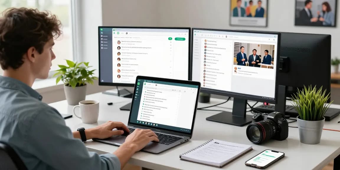 Using WhatsApp電腦版 to enhance communication in a modern workspace with multiple monitors and natural light.