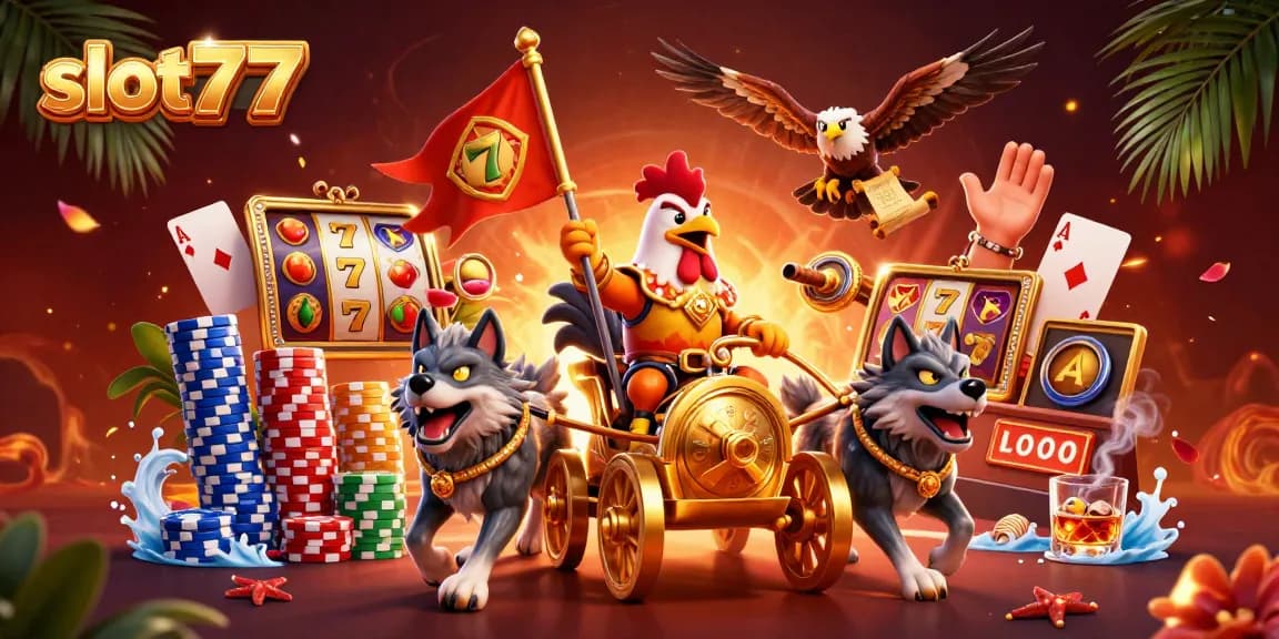 Engage with slot777 through a dynamic 3D casino scene featuring a rooster warlord and poker elements.