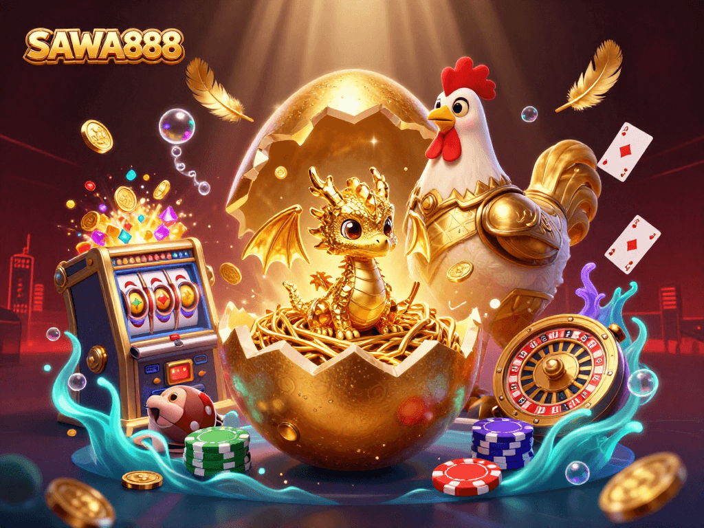 Explore immersive gaming with SAWA888's vibrant illustration featuring golden dragon and slot elements