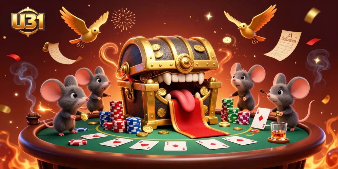 Engage with U31's thrilling casino experience featuring vibrant poker elements and enchanting treasure visuals.