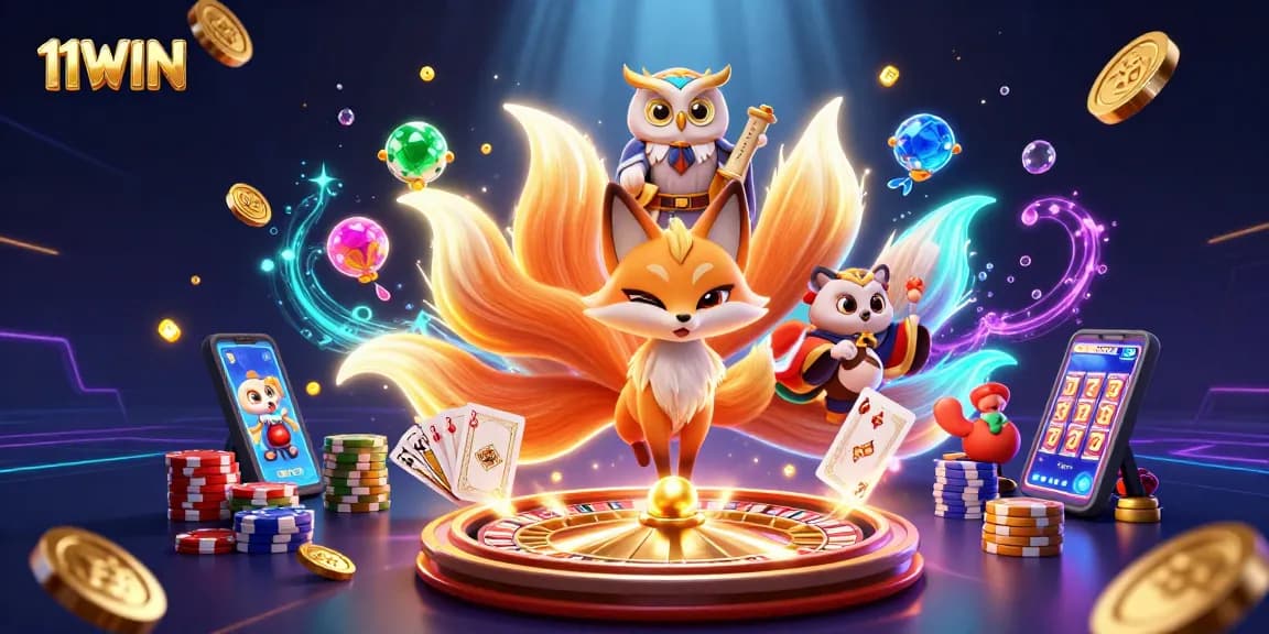 Engage with 11WIN's vibrant casino scene featuring animated characters and dynamic gaming elements.
