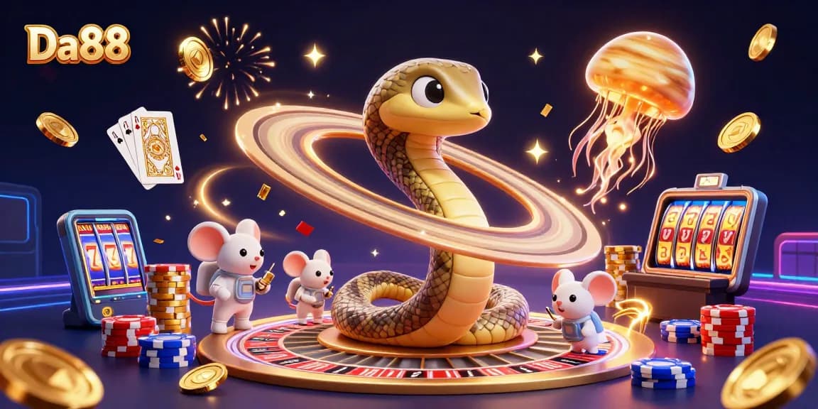 Gamblers enjoy thrilling gameplay at Da88 amidst vibrant cosmic casino elements featuring unique characters.