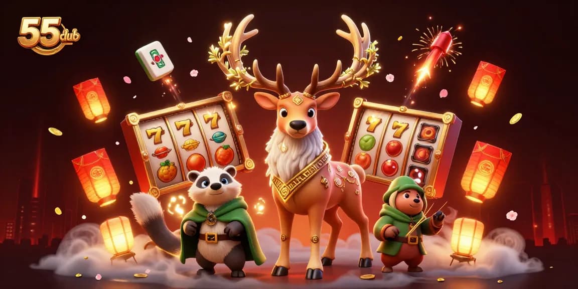 Play exciting slots and win big at 55club with vibrant casino illustration featuring rich game elements.