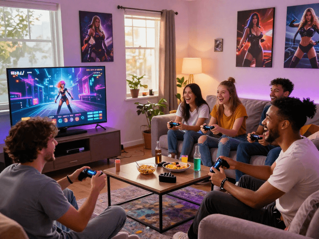Friends enjoying sex games together in a cozy gaming room.