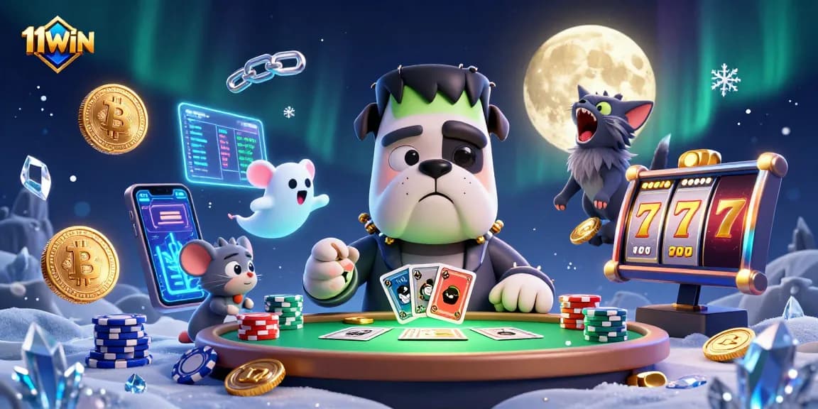 Experience thrilling gaming with 11WIN as a Frankenstein bulldog dealer amidst Bitcoin and Ethereum coins.