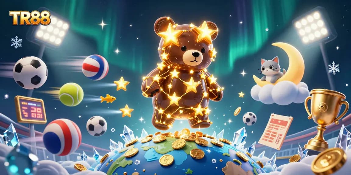 Experience the thrill of gambling with TR88's illustrated scene, featuring vivid characters and dynamic sports elements.