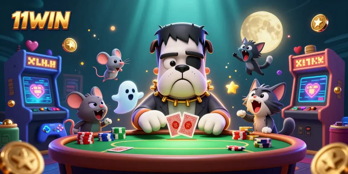 11WIN showcases a vibrant casino scene with characters playing cards amidst rich arcade game elements.
