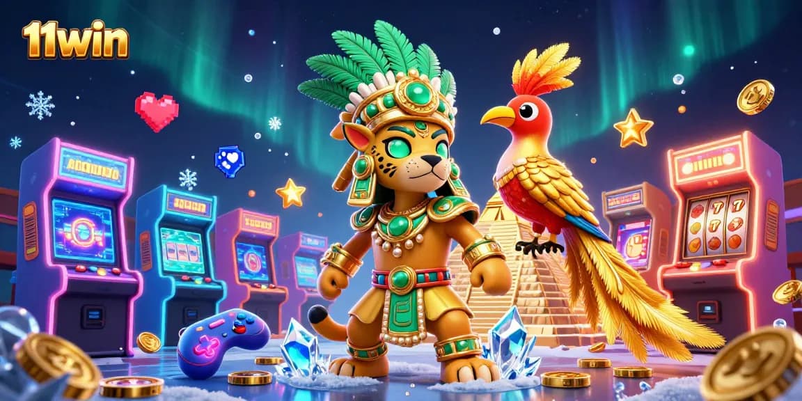 Experience the thrilling gaming world of 11WIN as the jaguar priest leads in a colorful casino scene.
