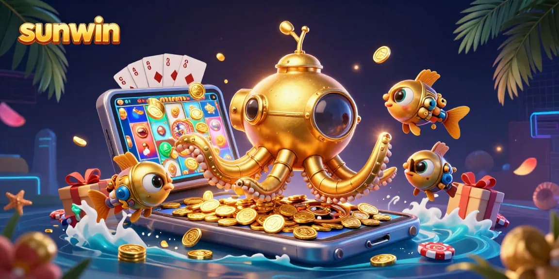 Exciting gameplay at sunwin featuring vibrant slot game visuals with a golden kraken submarine.
