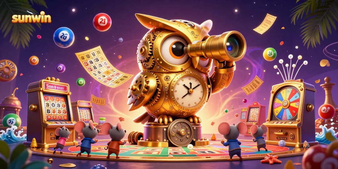 Engage with the sunwin casino experience featuring a golden owl, vibrant lottery elements, and dynamic gaming atmosphere.