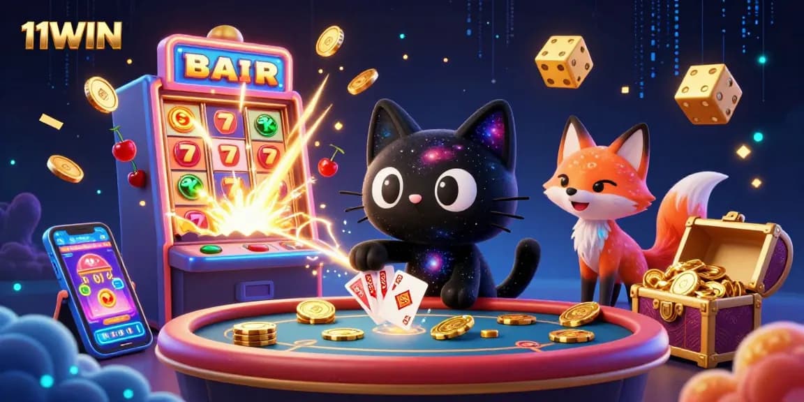 Engage with the captivating 11WIN cosmic casino illustration showcasing vibrant characters and dynamic game elements.