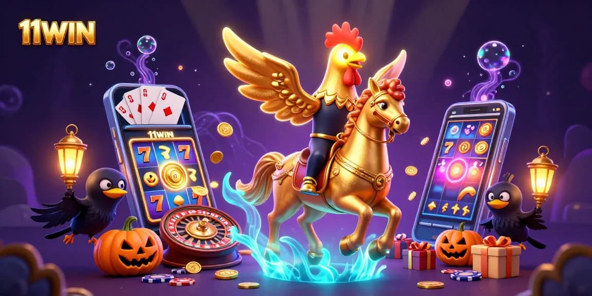 Experience 11WIN's golden rooster and spectral horse in a vibrant casino scene filled with slot games and excitement.