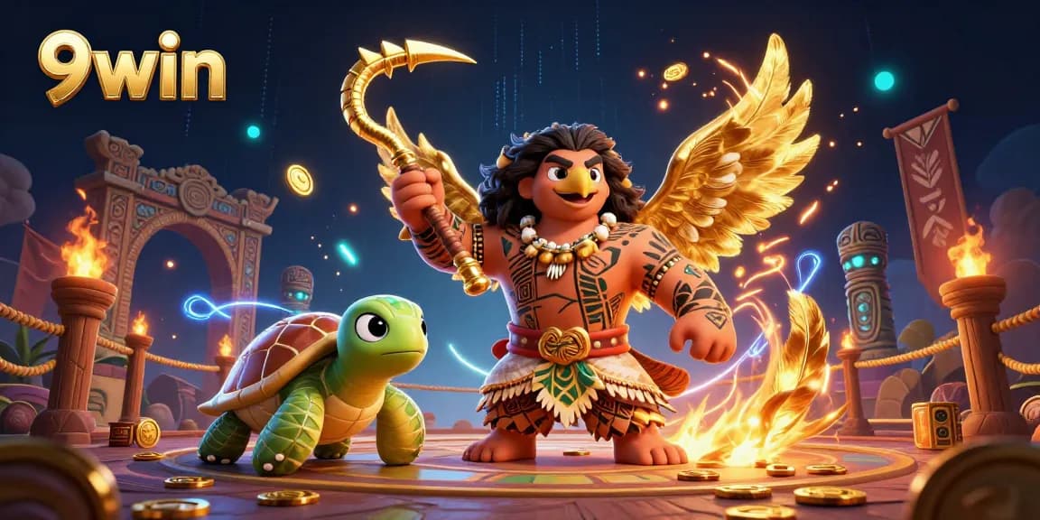 9win showcases a vibrant 3D casino scene with a demigod hawk and treasures, symbolizing excitement in gaming.
