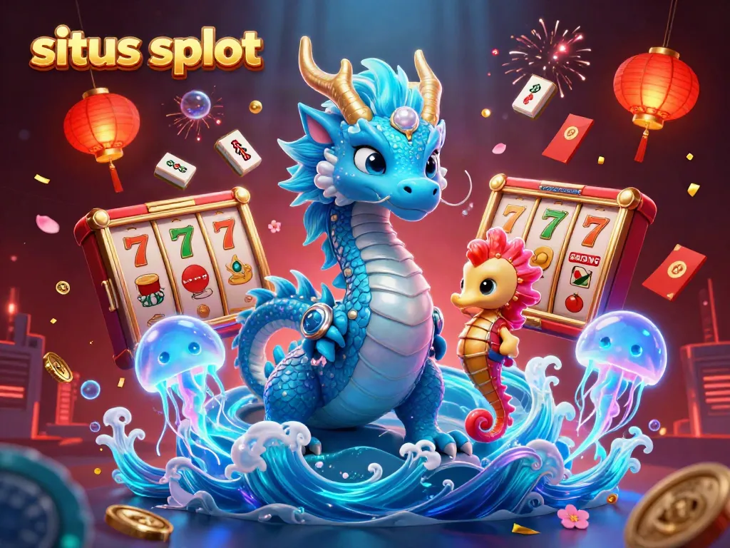 Engage with vibrant 3D casino scene featuring a majestic water dragon and playful seahorse knight, themed around situs slot.