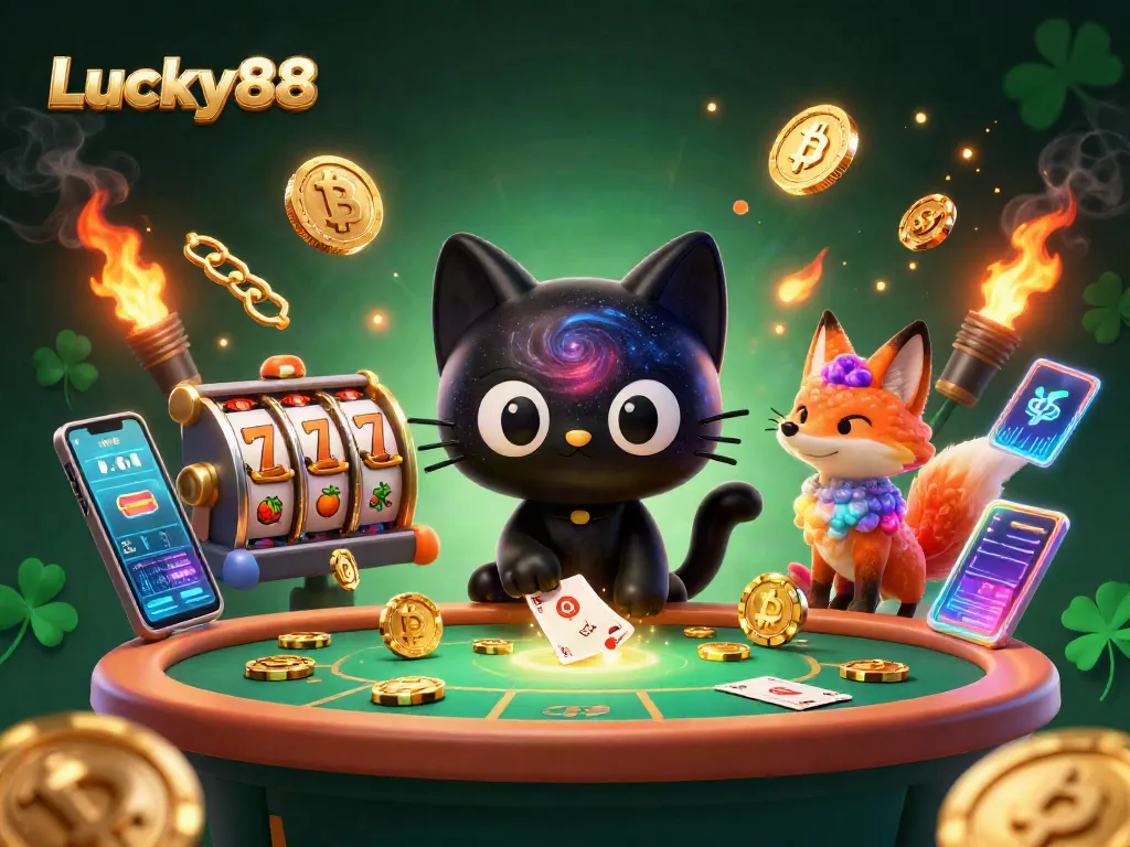 Engage in thrilling Lucky88 gameplay at a cosmic casino with a black hole cat and nebula fox.