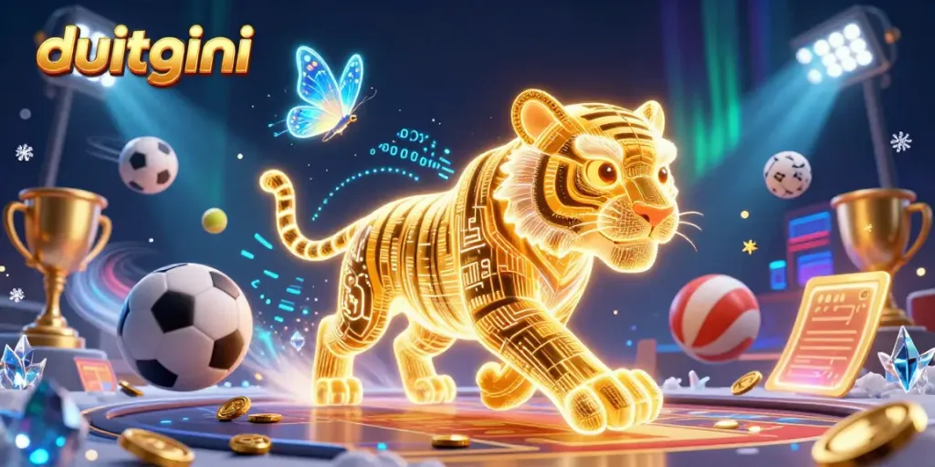 Engage with duitgini's vibrant digital casino landscape featuring a glowing tiger and dynamic gaming elements.