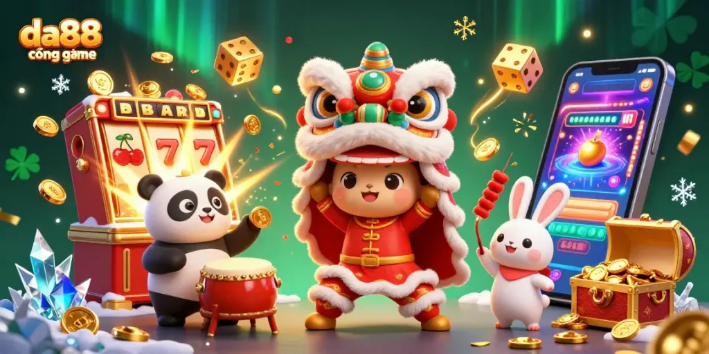 Experience the excitement of da88 cổng game with a colorful 3D casino illustration featuring vibrant characters and jackpots.