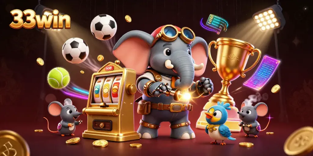 Engage with the dynamic world of 33win, featuring a steampunk elephant winning at a golden slot machine in an action-packed casino scene.