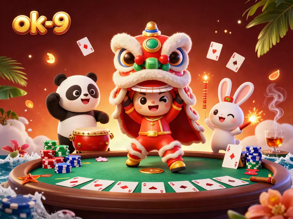 Participate in vibrant casino gaming action at ok-9 with lively characters and dynamic poker elements.