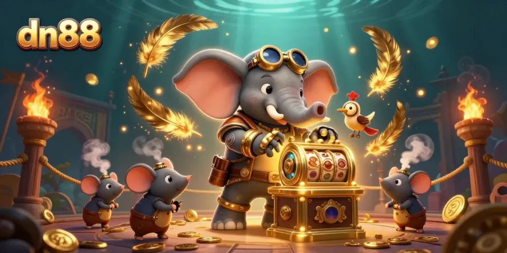 Spin the reels at dn88 with a lively steampunk scene featuring imaginative casino elements.