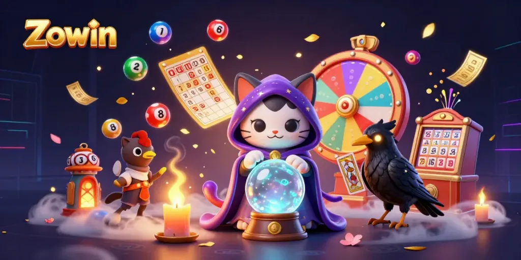 Experience exciting gaming at Zowin with vibrant characters and dynamic lottery elements.
