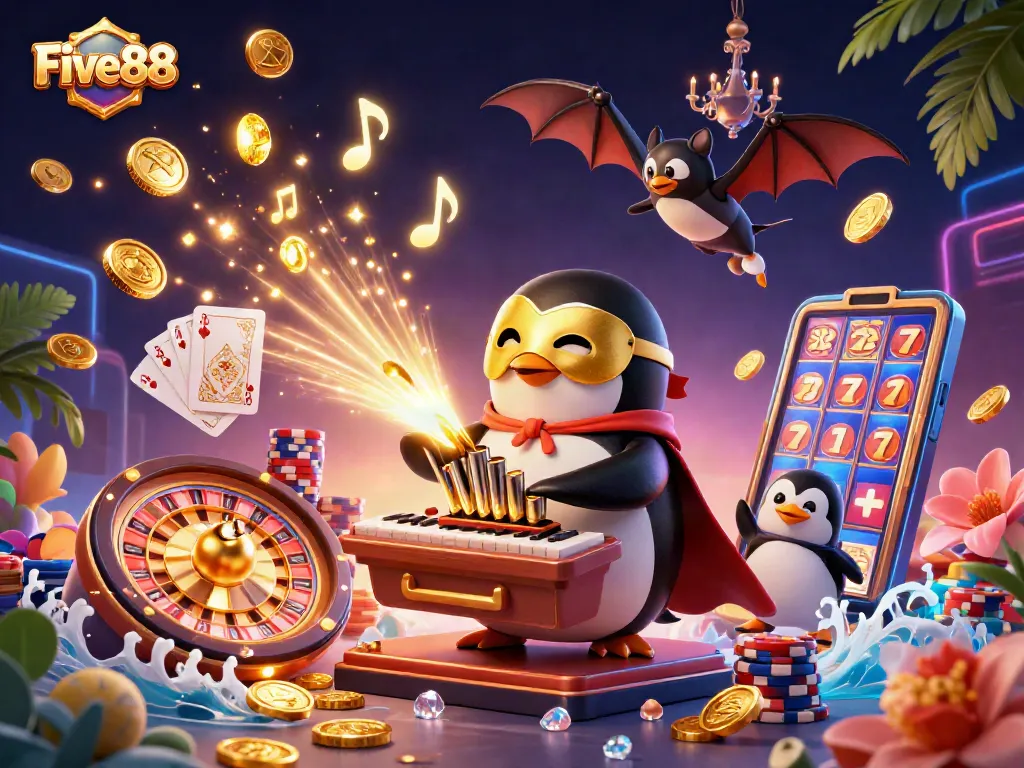 Experience thrilling gaming at Five88 with a vibrant casino atmosphere and animated characters.