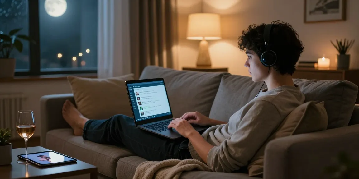 Engaging in nsfw ai chat on a cozy sofa with ambient lighting and intimate decor.
