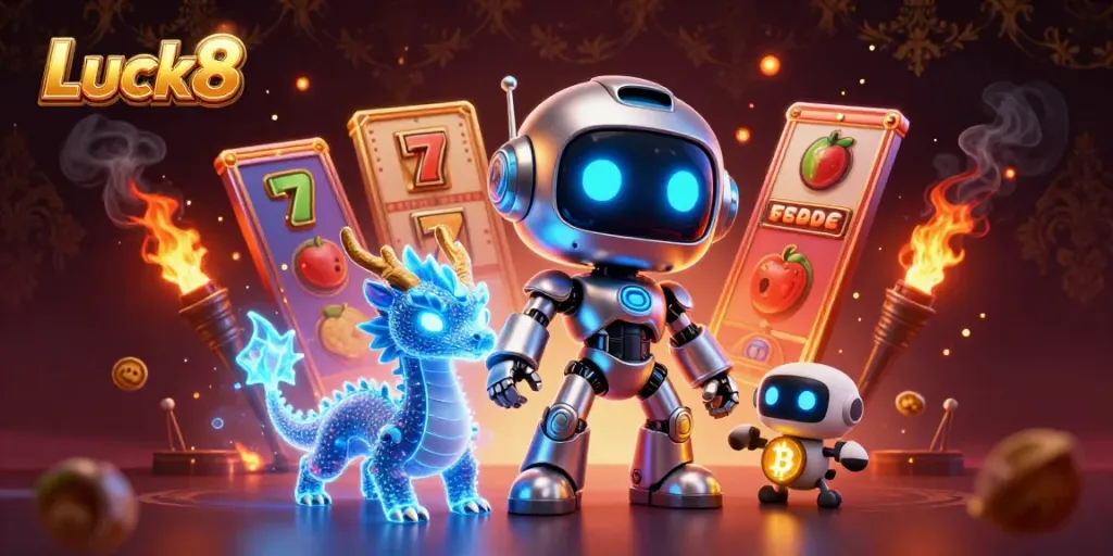 Luck8 showcases vibrant slot games with a cyberpunk mascot and a bitcoin symbol drone.